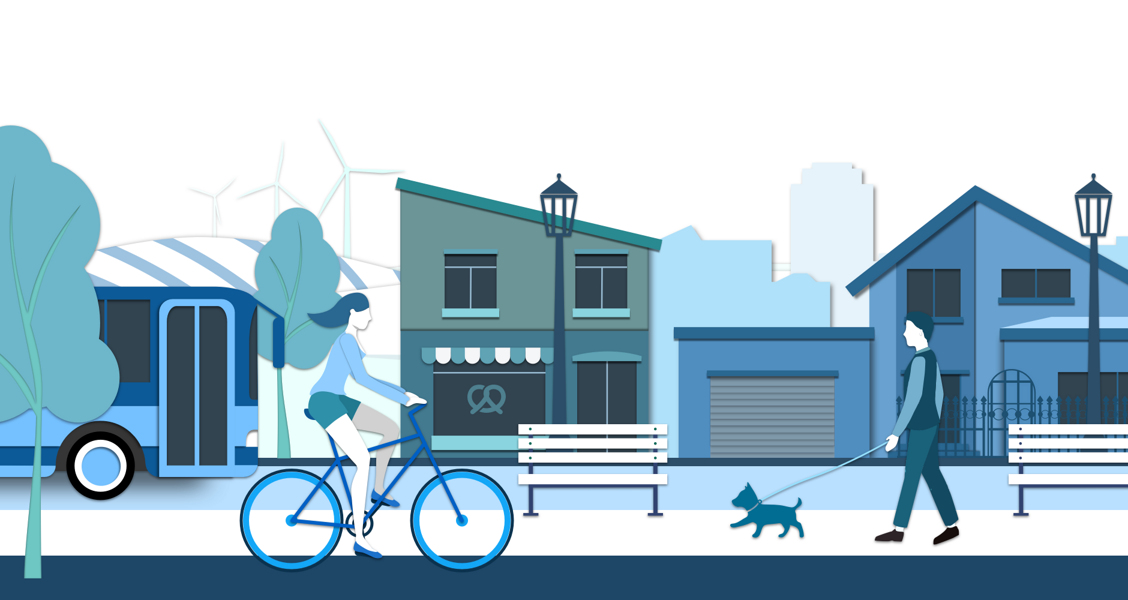 Illustration einer Straße mit Häusern, Laternen, einer Fahrradfahrerin und einem Spaziergänger mit Hund