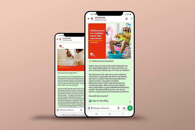 Zwei Smartphones mit dem WhatsApp-Channel von Hitzefunk.