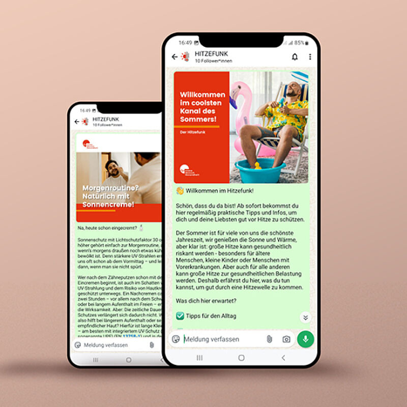 Zwei Smartphones zeigen den WhatsApp-Channel von Hitzefunk.