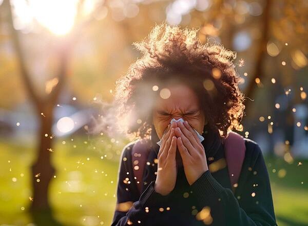 Eine Frau niest in ein Taschentuch