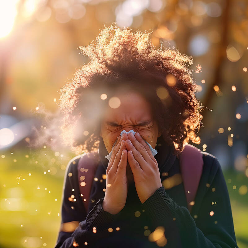 Frau nießt in ein Taschentuch