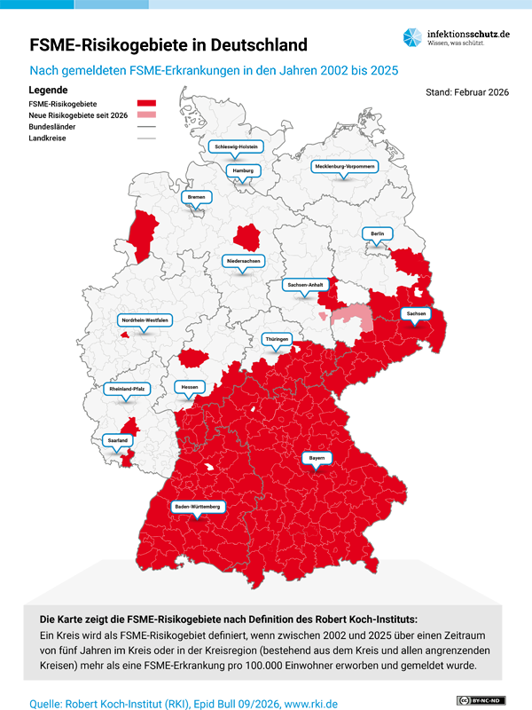 Übersichtskarte der FSME-Risikogebiete in Deutschland 2026